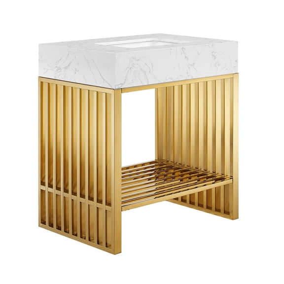 Modway Gridiron 30" Stainless Steel Bathroom Vanity in White/Gold