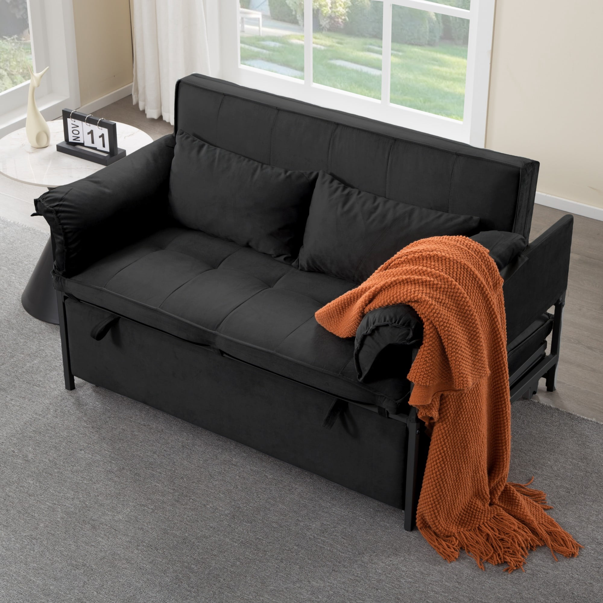 AENKYO 46" Velvet Pull-out Sleeper Sofa Bed, Convertible Reclining Loveseat with 2 Pillows for Small Spaces, Black
