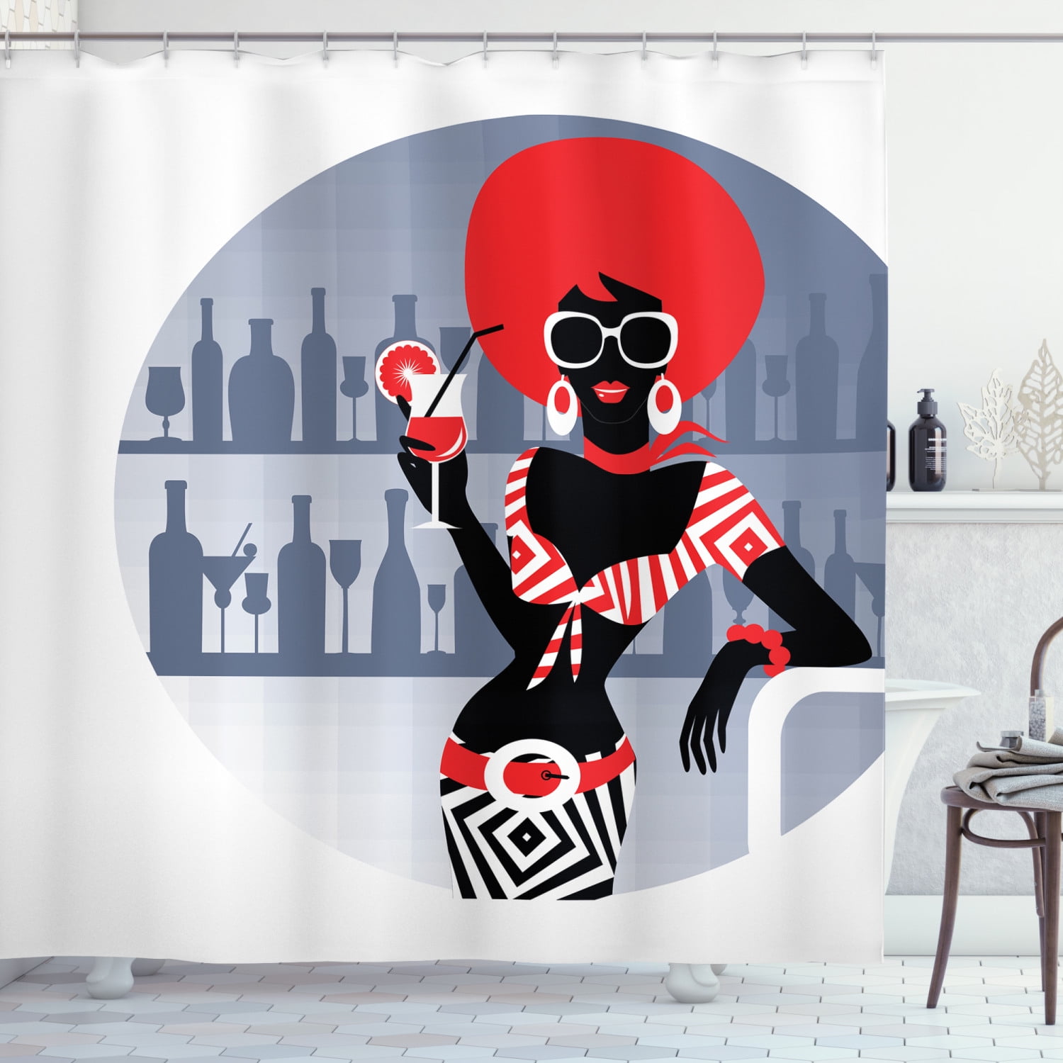 Alcohol Shower Curtain, Glamourous Retro Party Girl in Fashion Clothes