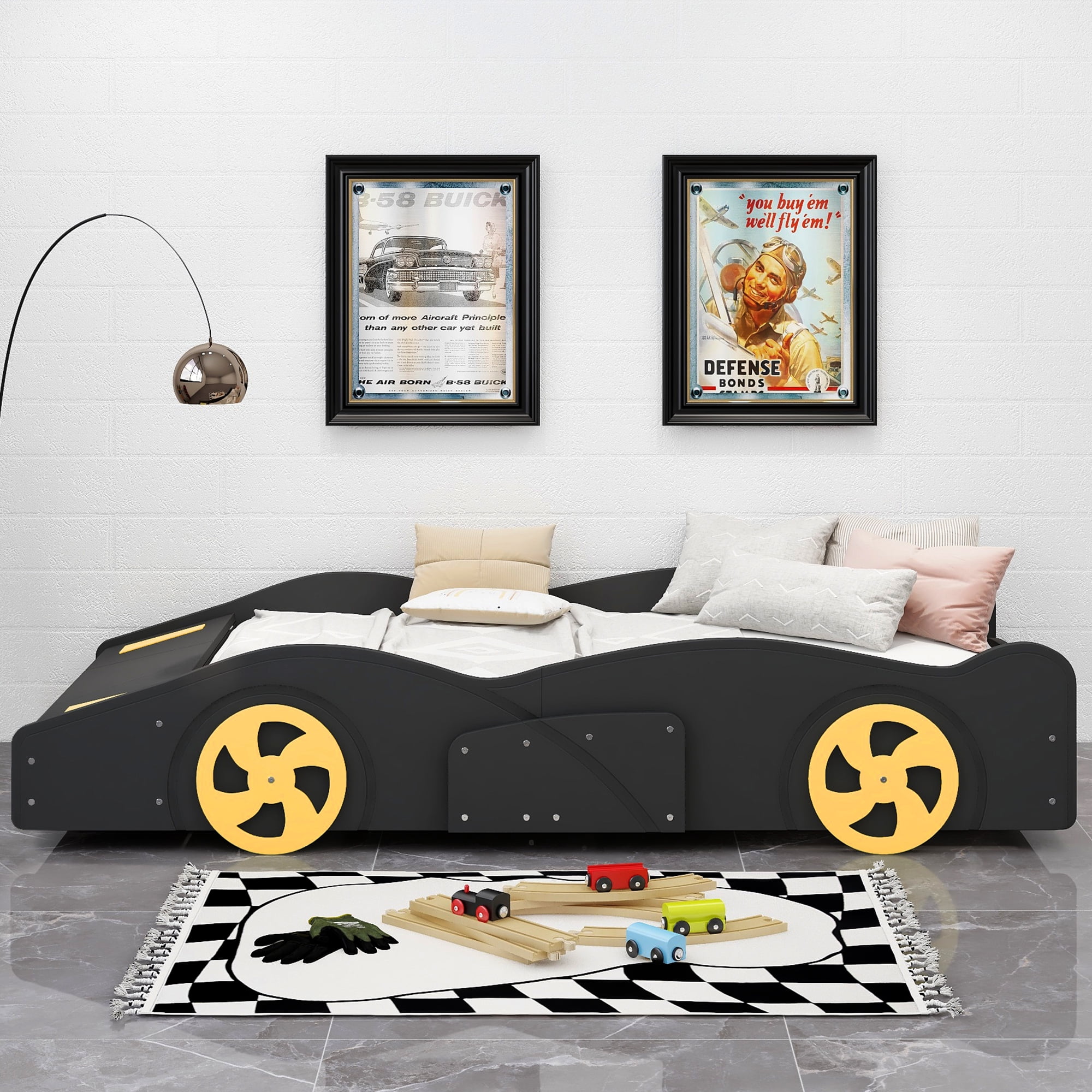 Euroco Car-Shaped Twin Size Platform Bed with Tires and Storage Cabinet for Kids Bedroom, Black