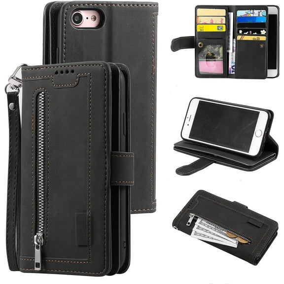 Wallet Case for iPhone SE(5G) 2022 iPhone 7 iPhone 8 iPhone SE 2020, Retro Matte 9 Card Holder Slots Zipper Pocket PU Leather Closure Kickstand with Wrist Strap Flip Case - Black