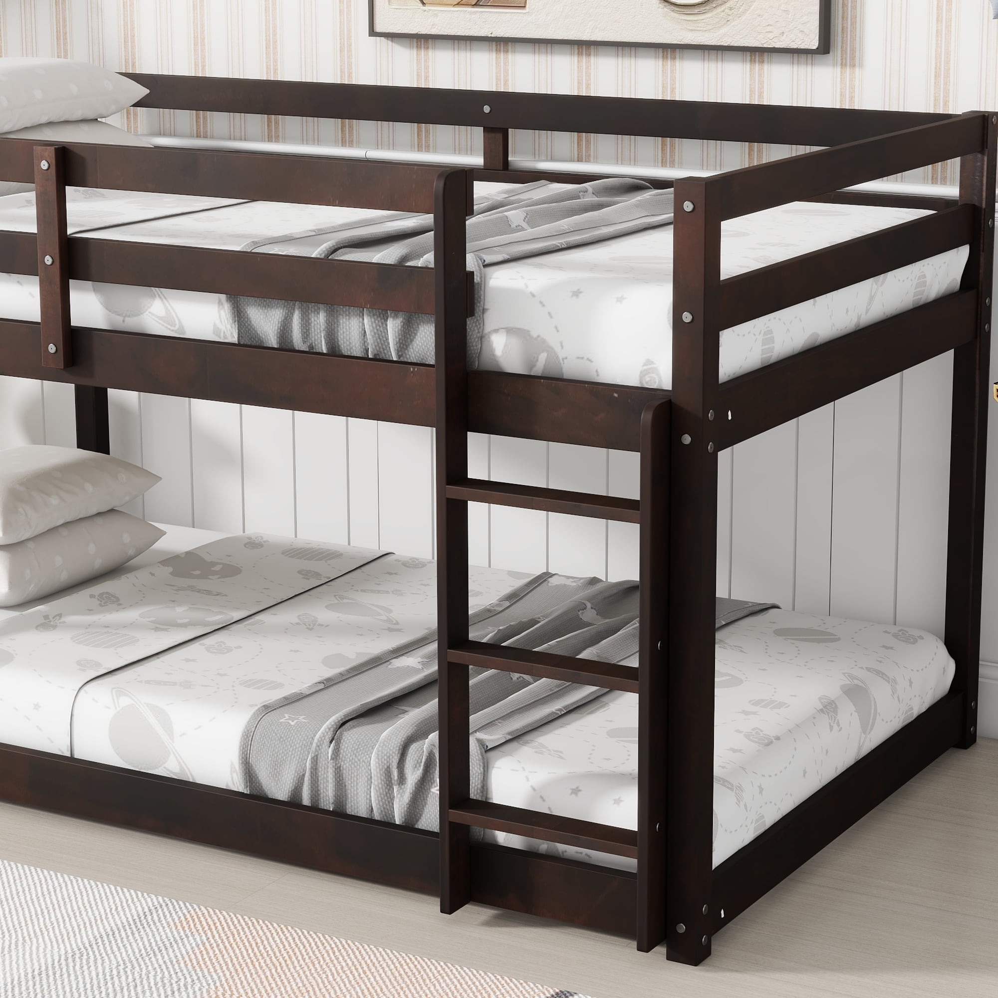 Alvantor Twin Over Twin Bunk Bed, Solid Rubber Wood Low Floor Bunk with Ladder, Espresso