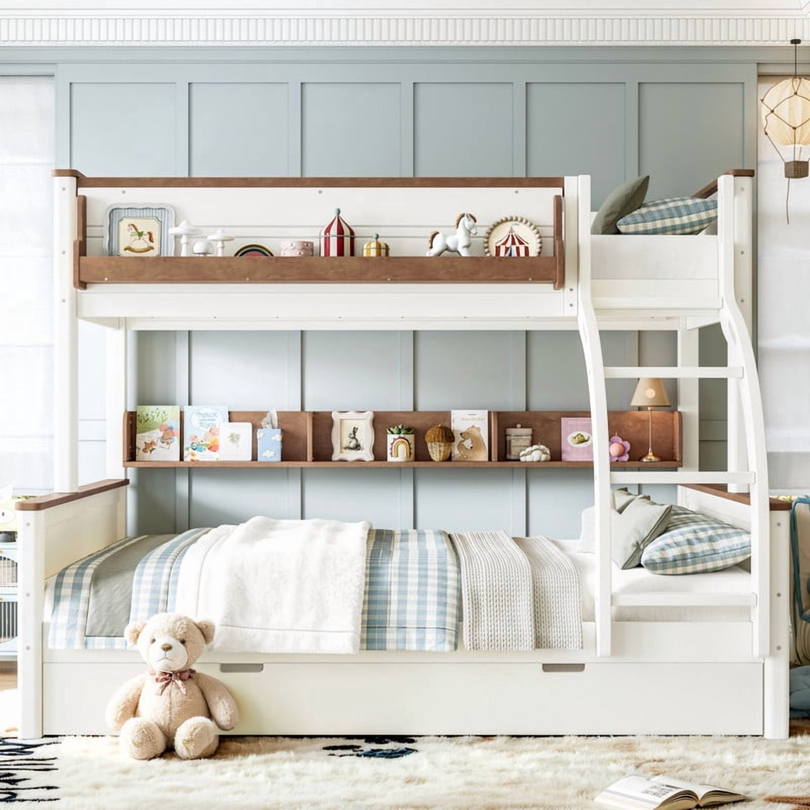 Twin-Over-Full Wooden Bunk Bed Frame with Trundle, Detachable Bed Convertible Into 2 Platform Beds, Kids Storage Bed with Shelf