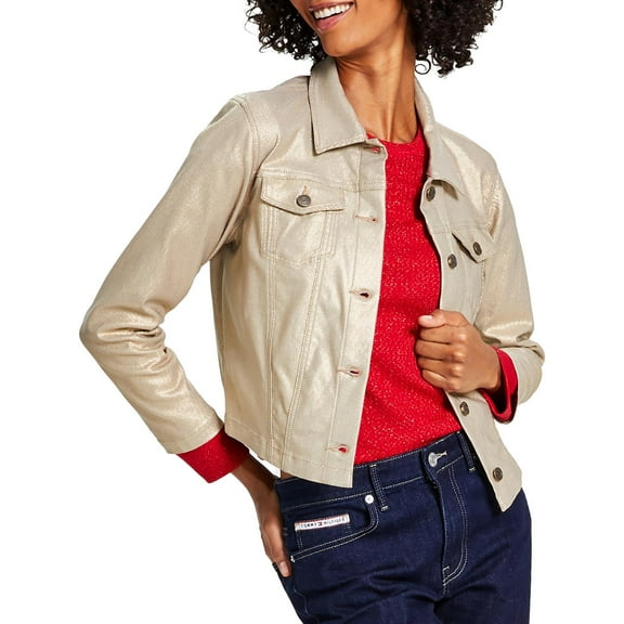 Tommy Hilfiger Womens Foil Cropped Trucker Jacket Gold XS