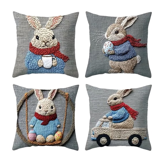 Gray 4 Piece Set Of Rabbit And Easter Egg Patterned Pillows Decorative Cushions Sofas Bedrooms Living Rooms Home Decor Short Plush 18X18 Inches Gray