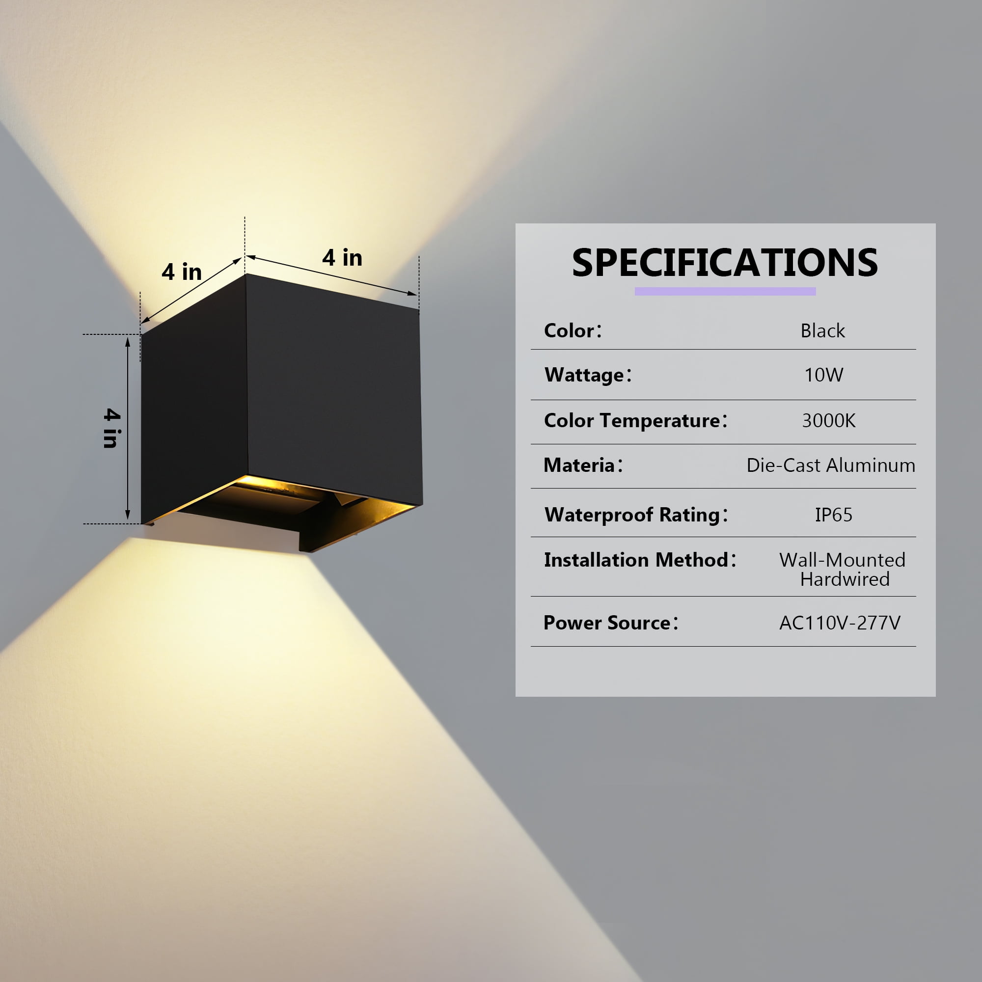 GCGAFUL 2 Pack Outdoor Wall Lantern, 4'' Matte Black Aluminum Up And Down Square LED Outdoor Wall Sconce with Adjustable Light Beam，IP65 Waterproof