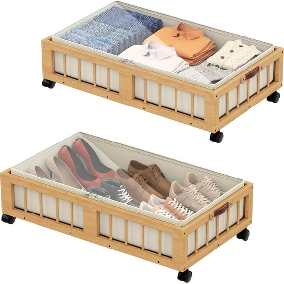 2-Pack Bamboo Under Bed Storage Containers with Wheels, Under Bed Clothes Storage Basket with Large Dust Bag, Rolling UnderBed Storage for Bedroom, Dorm and Basement, Nature