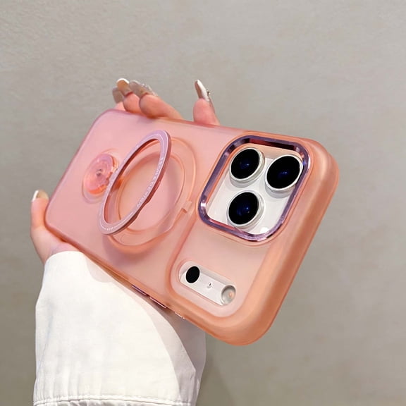 For iPhone 15 Phone Case,With 360° Rotatable Ring Kickstand,Compatible With Mag-Safe,Matte Anti-fingerprinting Translucent Shockproof Anti-fall Drop Protection,Thin Fit Phone Case,Pink