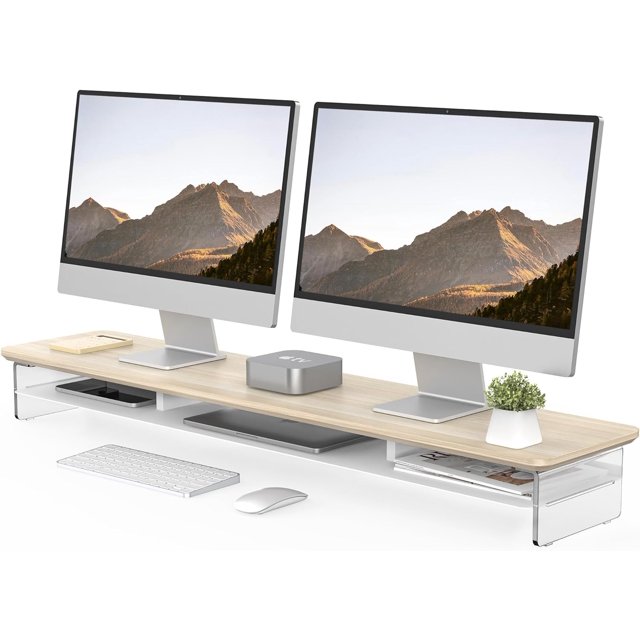 Monitor Stand Acrylic Dual Monitor Riser Acrylic Monitor stand with Storage Organizer for Computer Laptop Printer TV Oak