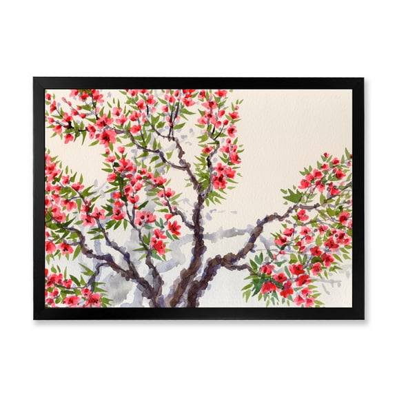 Red Flowers On The Spring Blossoming Tree II 40 in x 30 in Framed Painting Canvas Art Print, by Designart