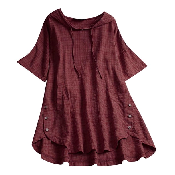 Gibobby Playera Moda Blusa informal larga suelta con flores, camisa de manga con botones estampados, blusa para mujer con cuello redondo(Vino, XXL)