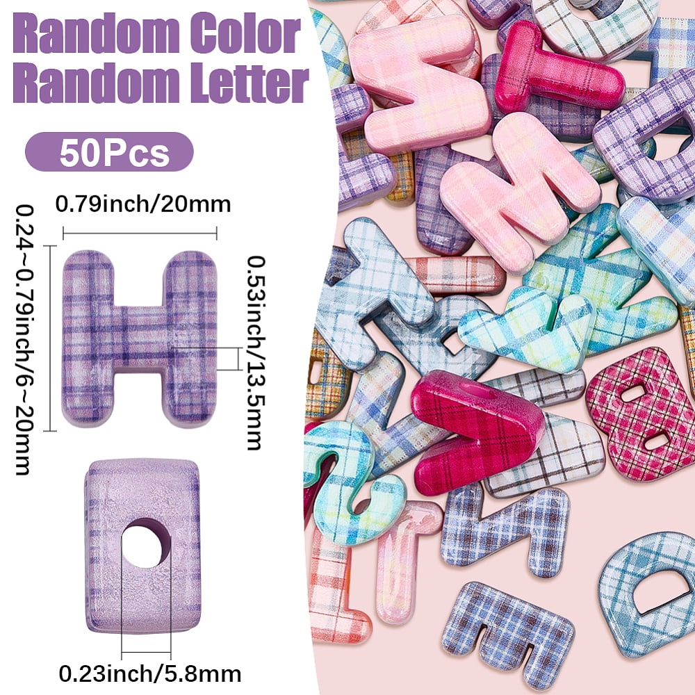 50Pcs Printed Opaque Acrylic European Beads Large Hole Beads Letter with Tartan Pattern Mixed Color 20~21x6~20x13~13.5mm Hole: 5.8mm 50pcs.