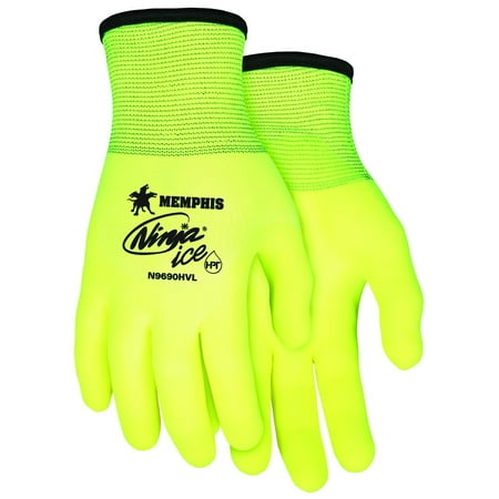 Memphis Glove N9690HVM Ninja Ice High Visibility Nylon Liner Double Layer Gloves with HPT Coating, Lemon Yellow, Medium, 1-Pair, Ninja ice high visibility nylon liner.., By MCR Safety