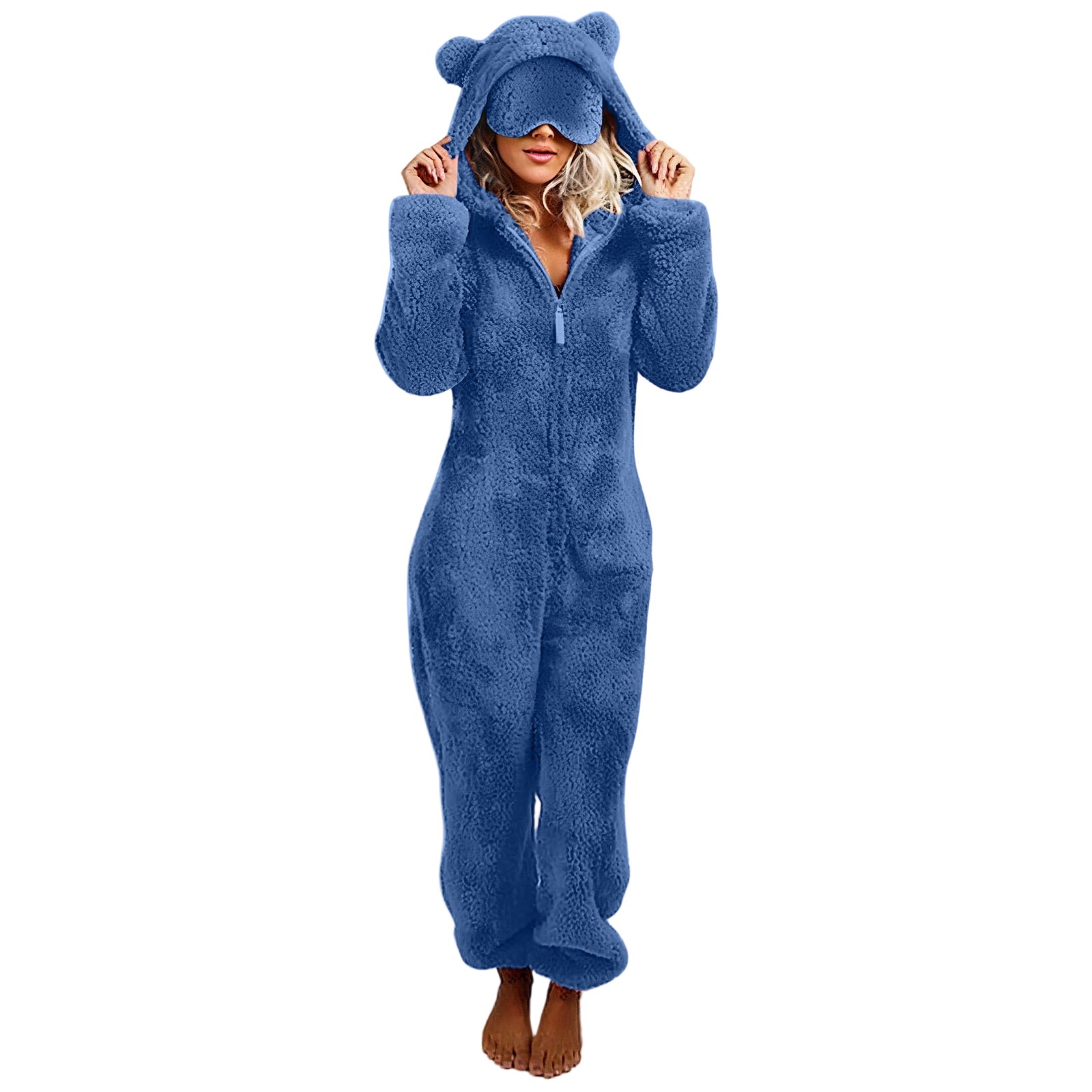 Women's Onesies Pajamas Sherpa One Piece Romper Zipper Cute Hooded Jumpsuit Pajama Loungewear