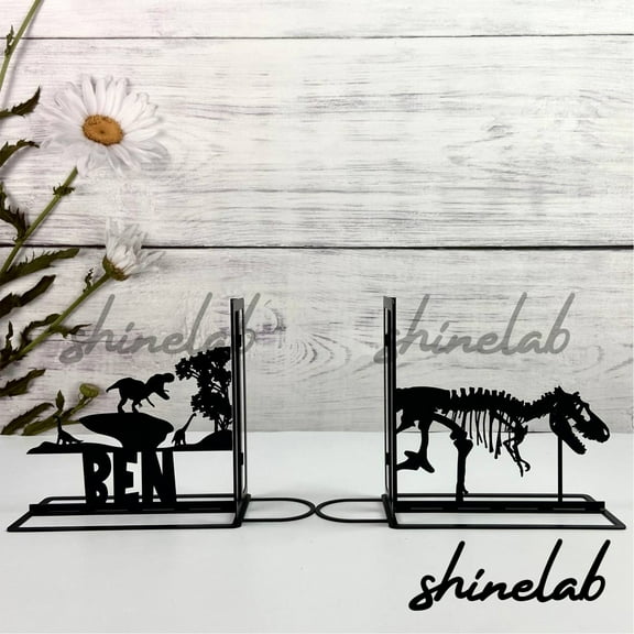 Shinelab Dinosaur Metal Bookends Kids Rooms Name Bookend Gift, Prehistoric Animal Desk Bookshelf Decor 5090