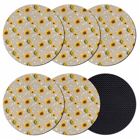 Brown Yellow Sunflower Coasters Set of 6, Absorbent Coasters for Drinks, Summer Botanical Farmhouse Floral Coaster for Desk Coffee Table Protection, Home Decor House Warming Gifts 4"