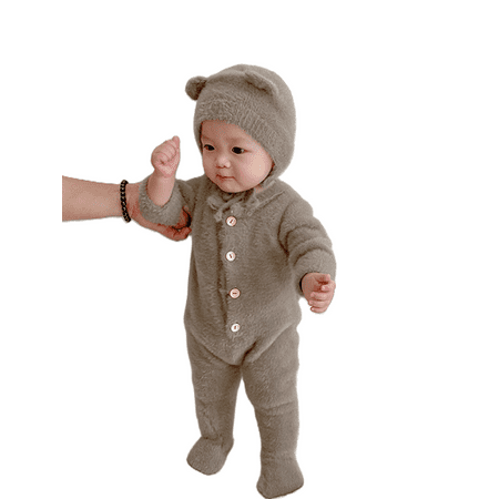 

Peyakidsaa Unisex Infant Baby Fleece Plush Jumpsuit Snowsuit Long Sleeve Button Down Footie Playsuit Overalls + Hat Outfits