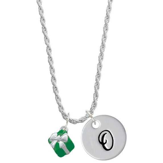 Delight Jewelry Silvertone Small 3-D Green Present with Bow Silvertone Script Initial Disc - O - Charm Necklace, 20"+3"