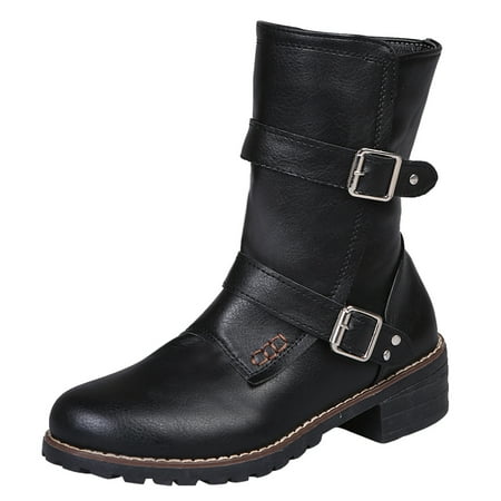 

TAIAOJING Women s Boots Middle Booties Strap Heels Color Round Solid Toe Retro Buckle Boots Fashion Shoes
