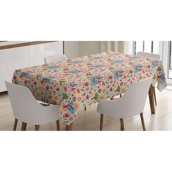 Cartoon Tablecloth, Tale Theme Fantasy Dragon Cartoon on Castle Flowers Sun and Words, Rectangle Satin Table Cover Accent for Dining Room and Kitchen, 60" X 84", Multicolor, by Ambesonne