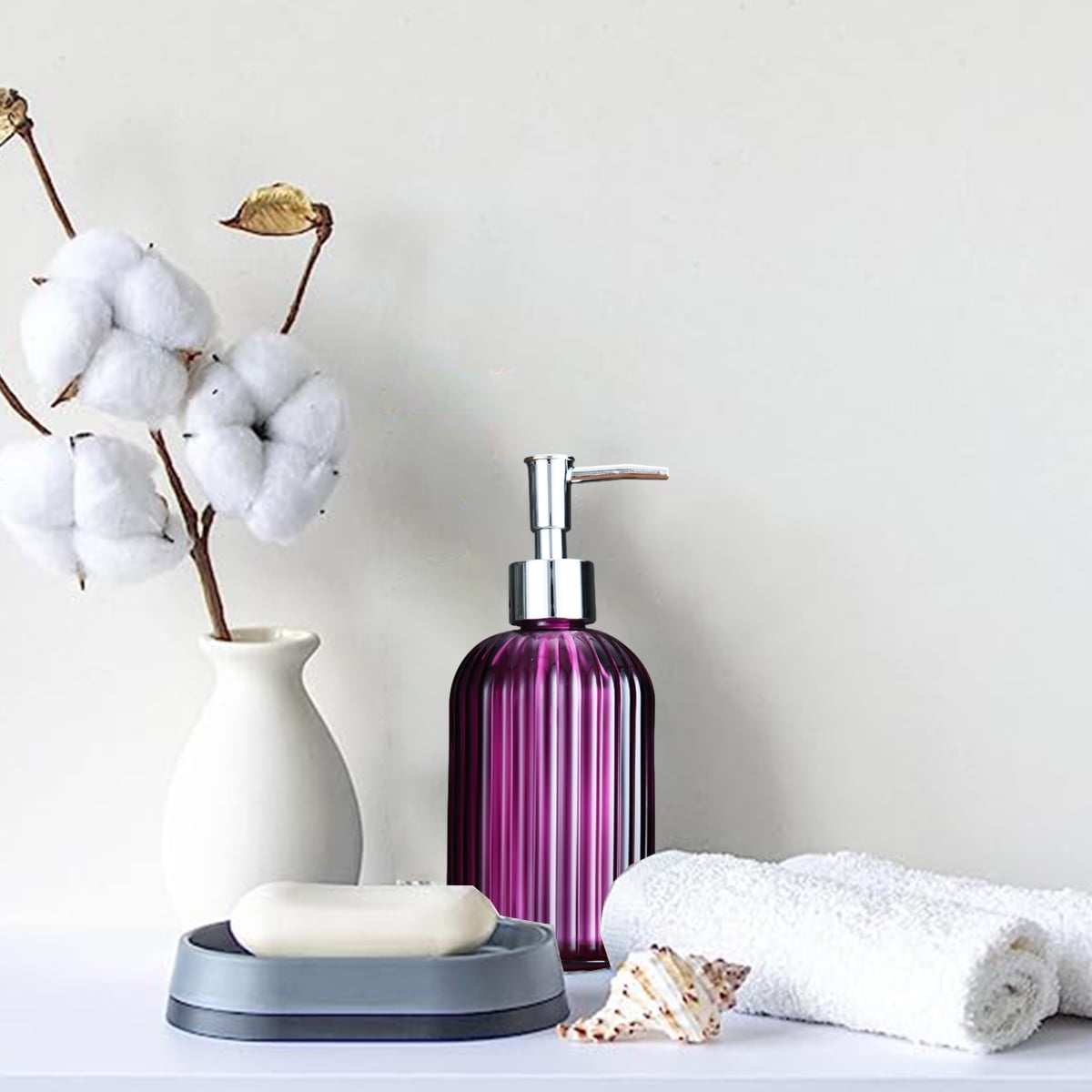 Clear Glass Soap Dispenser With Rust-Proof Stainless Steel Pump Refillable Bathroom - purple
