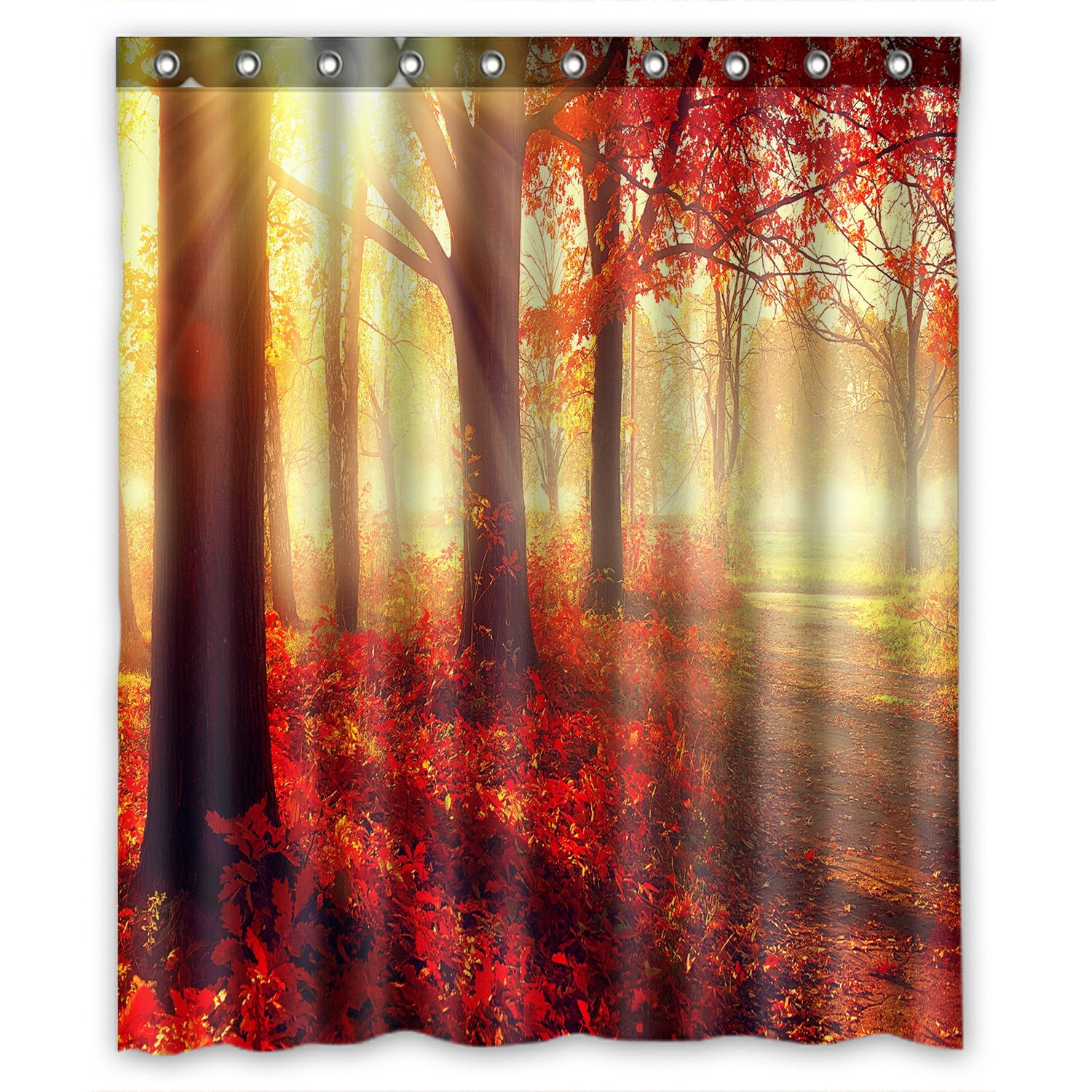 PHFZK Landscape Nature Scene Shower Curtain, Autumn Trees and Leaves in Foggy Forest at Sunrise