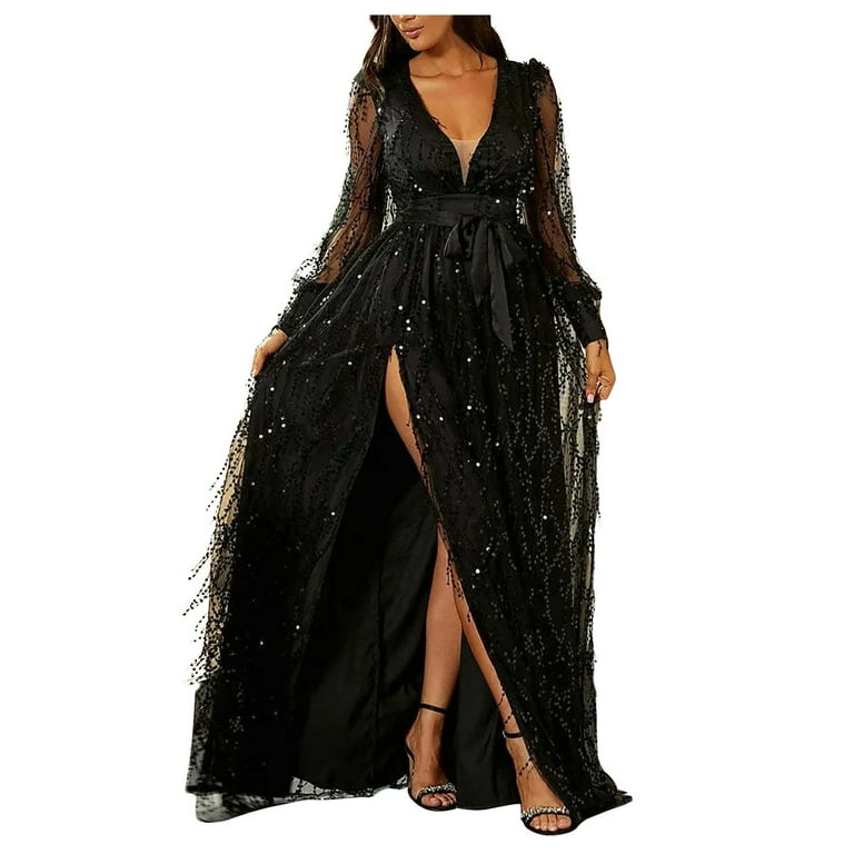 Bltiby Womens Sequin Prom Dresses Deep V Neck Glitter Long Sleeve Evening Party Gowns with Slit Fashion Elegant Long Maxi Dress with Belt Black L,