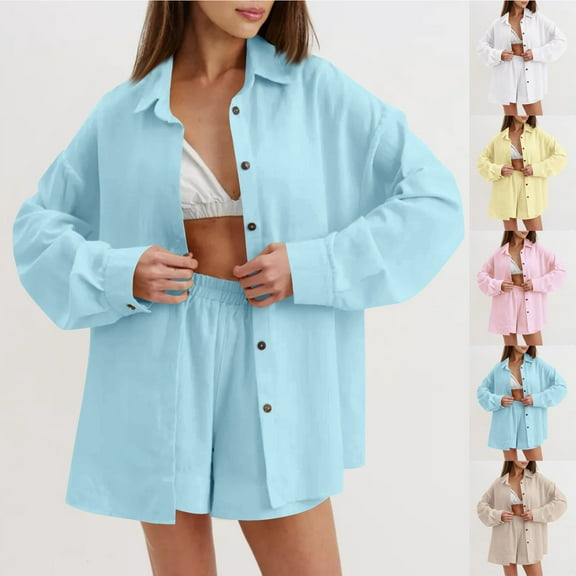 CHUMUD Womens Summer Cotton Linen Shorts Sets 2 Piece Long Sleeve Button Shirt Top Lounge Swim Cover Up Beach Vacation Tracksuits Casual
