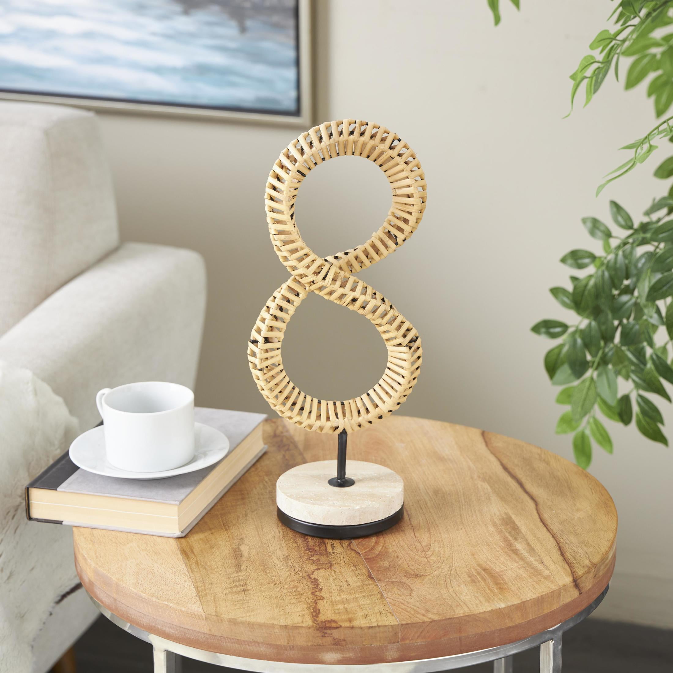 7" x 15" Brown Rattan Handmade Infinity Shaped Abstract Sculpture with White Marble Base, by DecMode