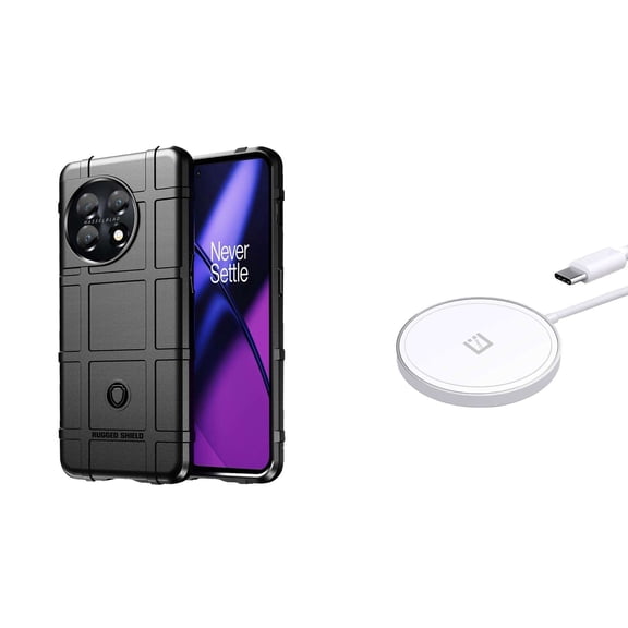 BD Rugged Shield Designed for OnePlus 11 5G Case - (Black) Impact Resistant Flexible Armor Case with 15W Magnetic High Powered Fast Charging Wireless Charger
