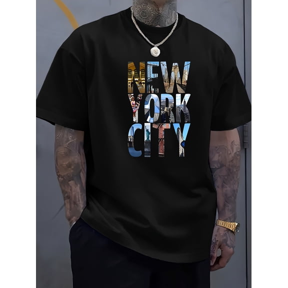 Men's Casual New York City Graphic T-Shirt - Black Polyester Blend, Short Sleeve, Round Neck, Summer Tee with Iconic NYC Skyline Print, New York T Shirt