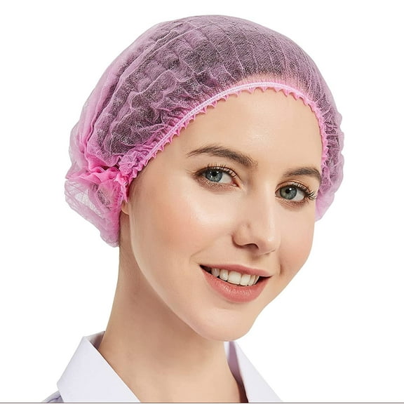 ProtectX 100 Pack Pink Disposable Hair Nets, Elastic Head Cover, Bouffant Caps, Sanitation Head Cover for Food Service, Spa Men & Women - 21 inch