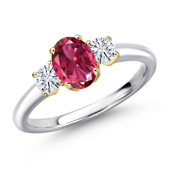Gem Stone King 925 Silver and 10K Yellow Gold Pink Tourmaline and White Moissanite Engagement Ring for Women | 1.17 Cttw | Oval 7X5MM | Gemstone October Birthstone | Size 5