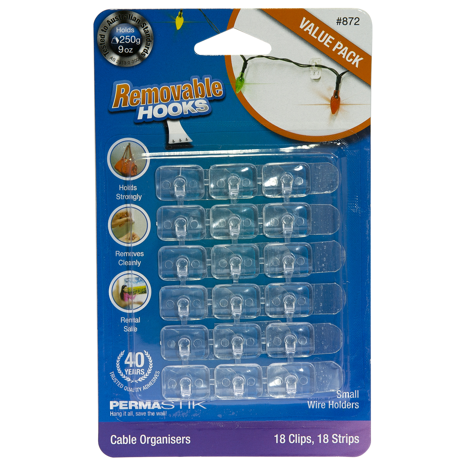 PermaStik Clear Wire Clips Value Pack, 18 Hooks & 18 Clear Adhesive