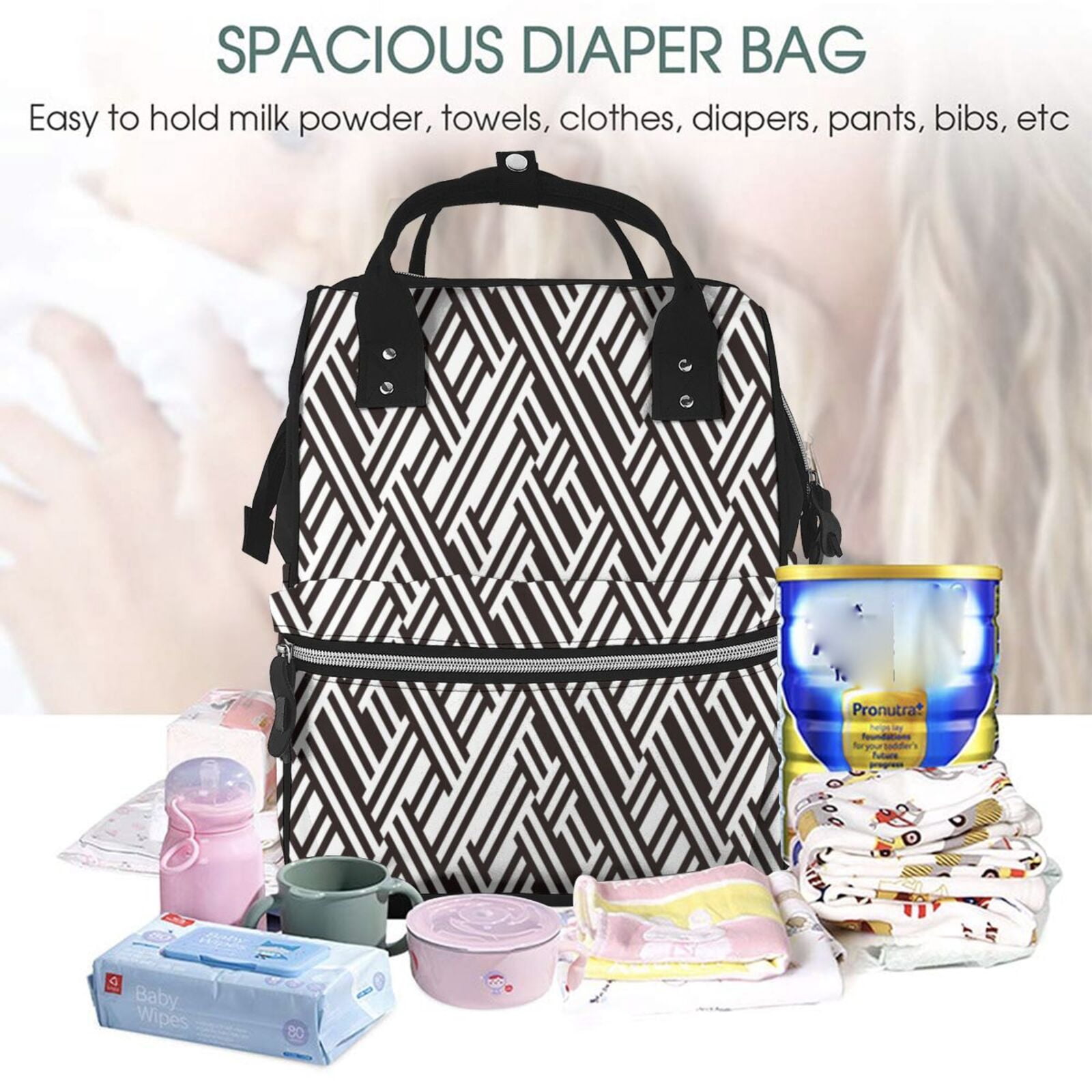 Ratiio Black White Stripes Mummy Backpack - Waterproof Twill Canvas, Large Capacity Diaper Bag with Multiple Pockets and Adjustable Straps