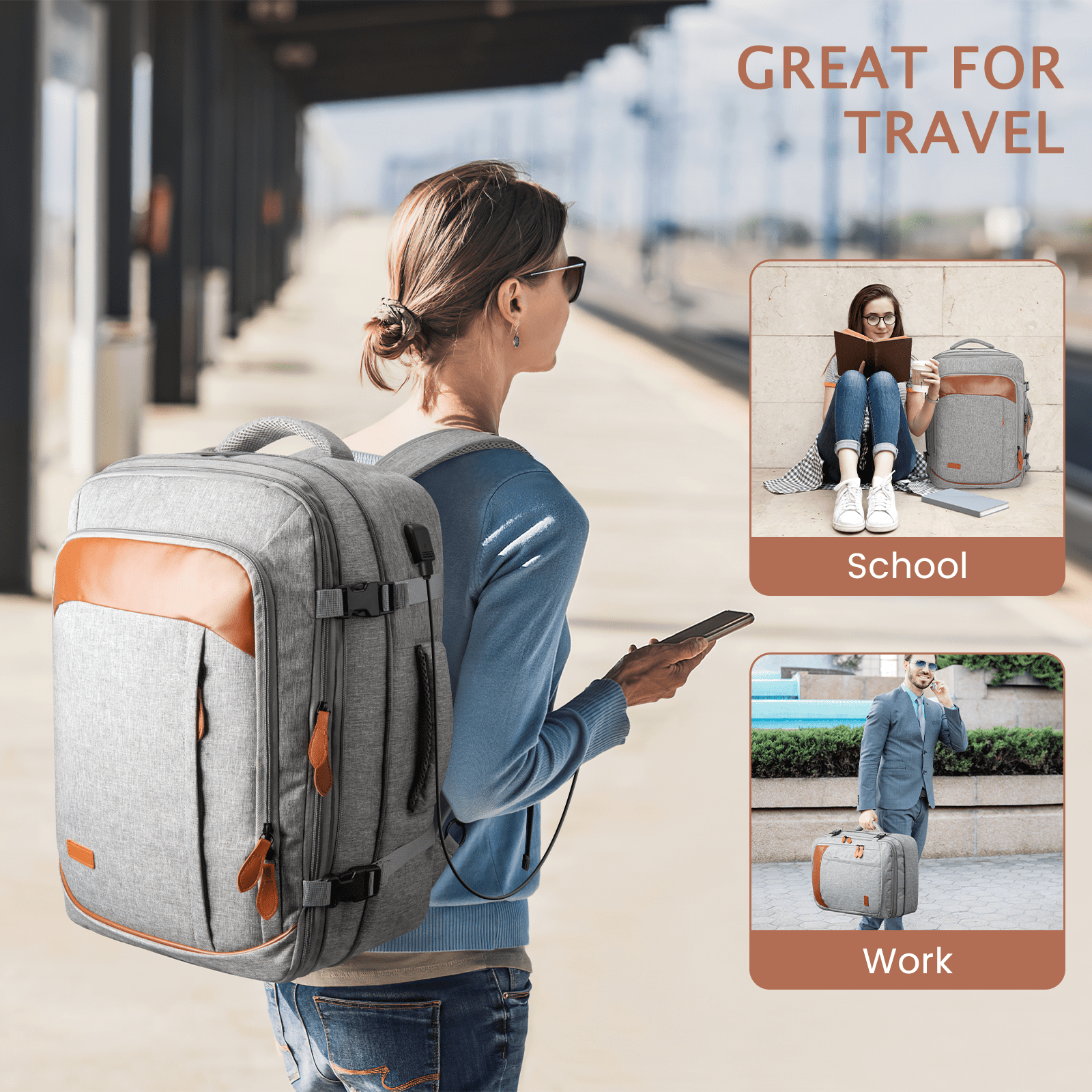 Carry on Backpack, 45L Expandable Large Travel Backpack with 3 Packing Cubes & Shoe Bag for Women Men Airline Approved, Waterproof Luggage Laptop Backpack for Weekend Trips Business Travel Hiking
