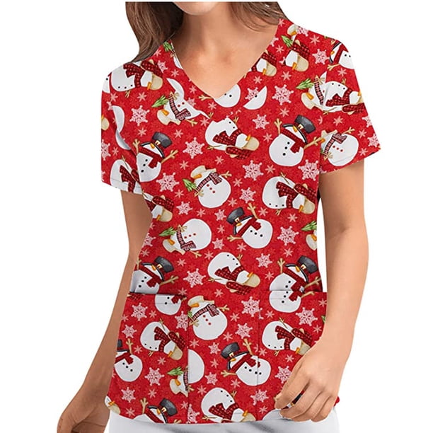 Puntoco Navidad Moda Mujer Cuello en V Casual Manga corta Impreso Bolsillos Señoras tops Blusa Puntoco Puntoco-5016