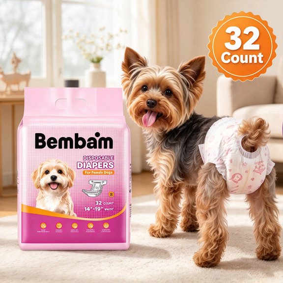 Bembam Disposable Female Dog Diapers, 32 Count, Small Size, Super Absorbent Leak-Proof with Wetness Indicator