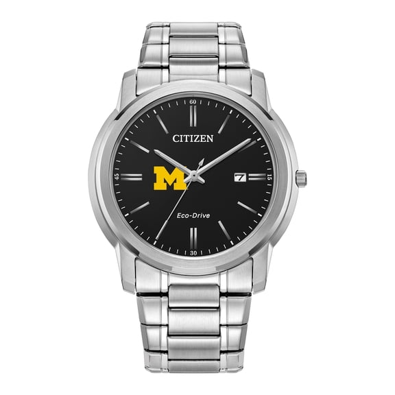 Men's Citizen Watch Silver Michigan Wolverines Eco-Drive Black Dial Stainless Steel Watch
