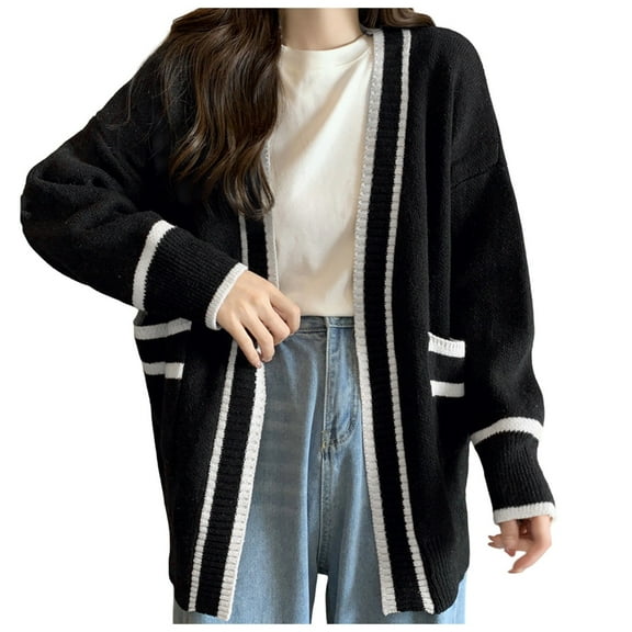 Lightweight Sweaters for Women Cardigan Color Block Long Sleeve Fall Outfits Clothes,Black,L