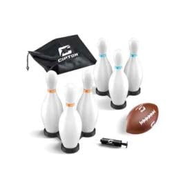 Cipton Strike Football Lawn Game Set – Includes 12 Pins, 2 Target Bases, Football, Air Pump & Carry Bag – Outdoor Bowling Football Game for Backyard, Park, or Beach
