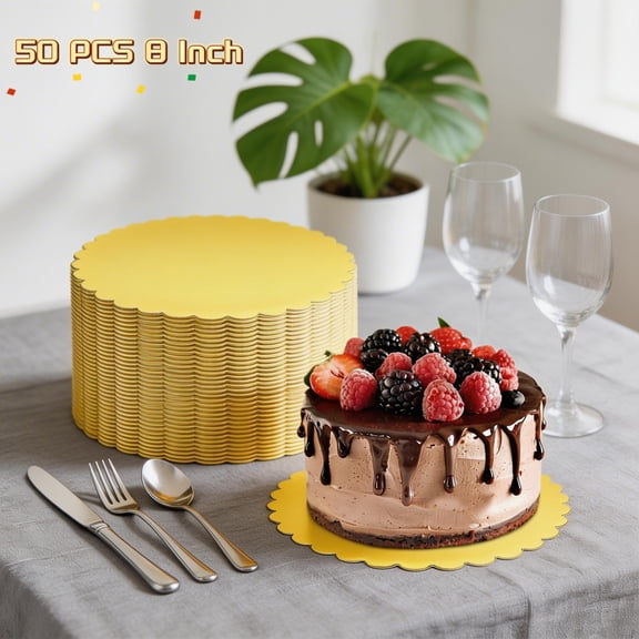Fkszll 2026 New 50Pcs 8 Inch Round Cake Base Boards - Gold Corrugated Paper Reusable Dessert Base