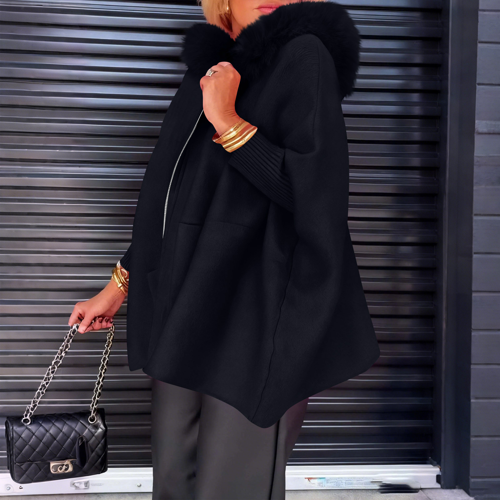 Women's Full Zip Up Hoodie Long Sleeve with Faux Fur Hooded Sweatshirts Front Pockets Jacket Loose Fit Coat for Women Black XL
