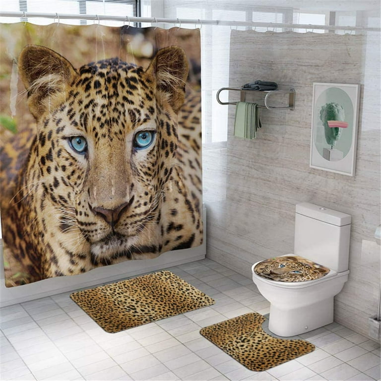 Animal Leopard4 Pcs Shower Curtain Sets With Non Slip Rugs Toilet Lid Er And Bath Mat 4pcs Curtains 12 Hook S Durable Waterproof Leopard Com