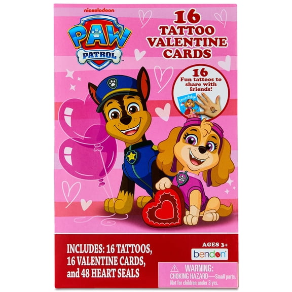 PAW Patrol Valentine’s Day Cards, 16 Classroom Exchange Greeting Cards with Temporary Tattoos for Kids