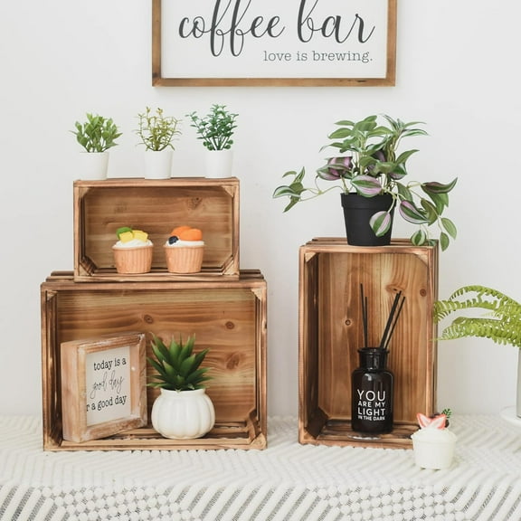 3-Piece Solid Wood Rustic Crates Set - Vintage Decorative Nesting Boxes with Handles for Farmhouse Display, 100% Wood Whitewashed Storage Bins