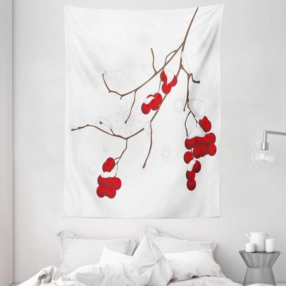 Rowan Tapestry, Artistic Branch of Rowan Plant Covered with Snow Winter Season Christmas Tree, Wall Hanging for Bedroom Living Room Dorm Decor, 60W X 80L Inches, Red White Umber, by Ambesonne