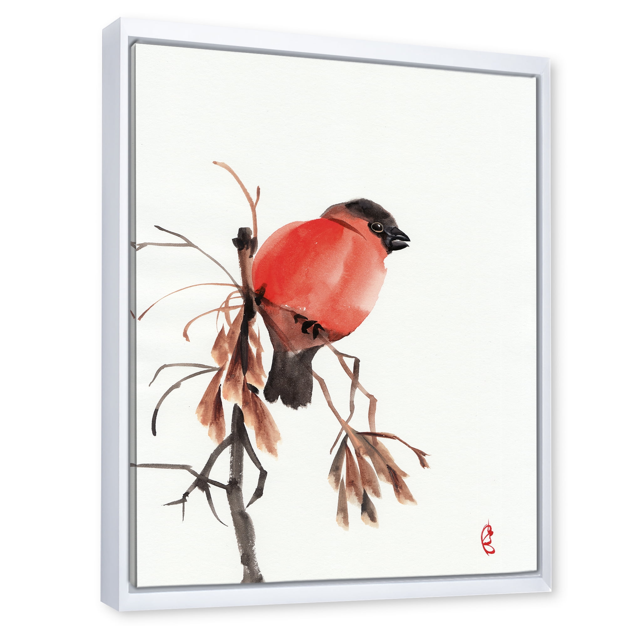 Designart 'Red Bullfinch Bird Sitting On A Branch' Traditional Framed Canvas Wall Art Print