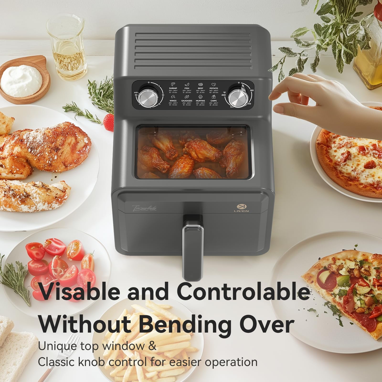 LIVEN Large Air Fryer 7 QT, Airfryer Family Size with 8 Preset Cooking, Viewing Window, Easy Clean, Low-noise for Quick Easy Meals French Fries Drumsticks Steak Bacon Fish Shrimp Cake, Grey