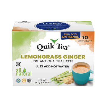 Quik Tea Lemongrass Ginger Instant Chai Tea Latte - 10 Count Single Box - All Natural Digestion Tea in Single Serve Pouches | Just add hot water